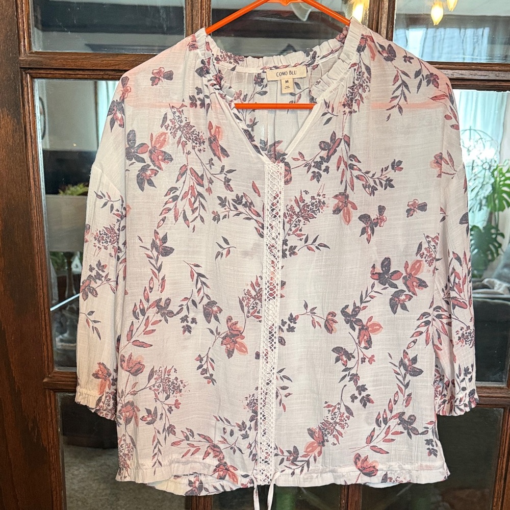 Como Blu Womens Floral Crochet‎ Lace Trim Drawstring Blouse White Mauve Medium